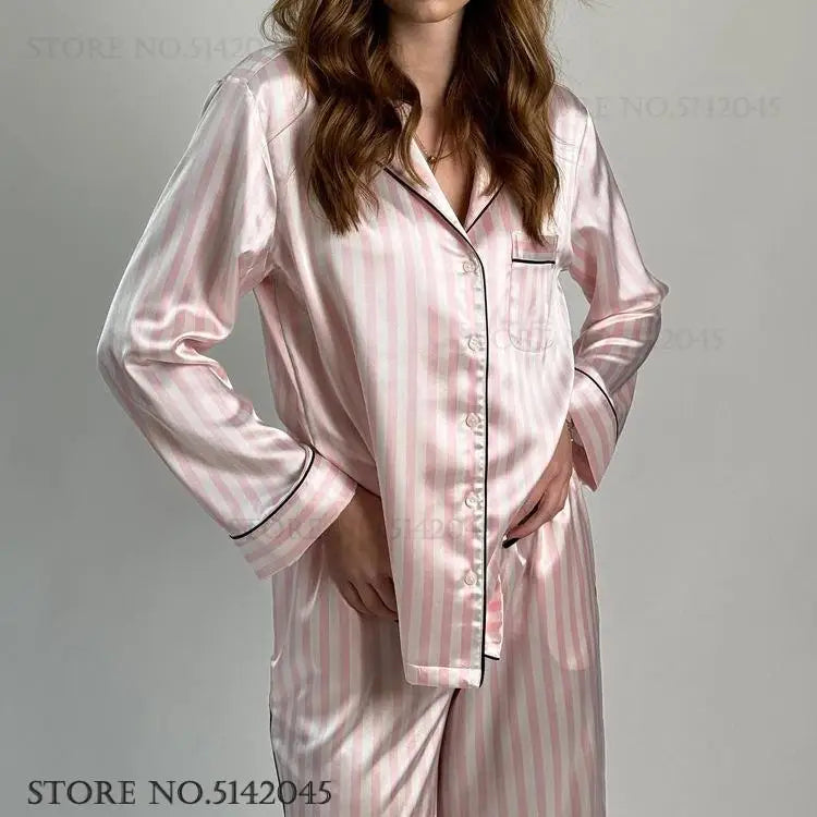 Pink Stripe Long Sleeve Pajamas Trouser Suits Fashion Female Lounge Wear Pijamas Set Spring Autumn Satin Sleepwer Home Clothes