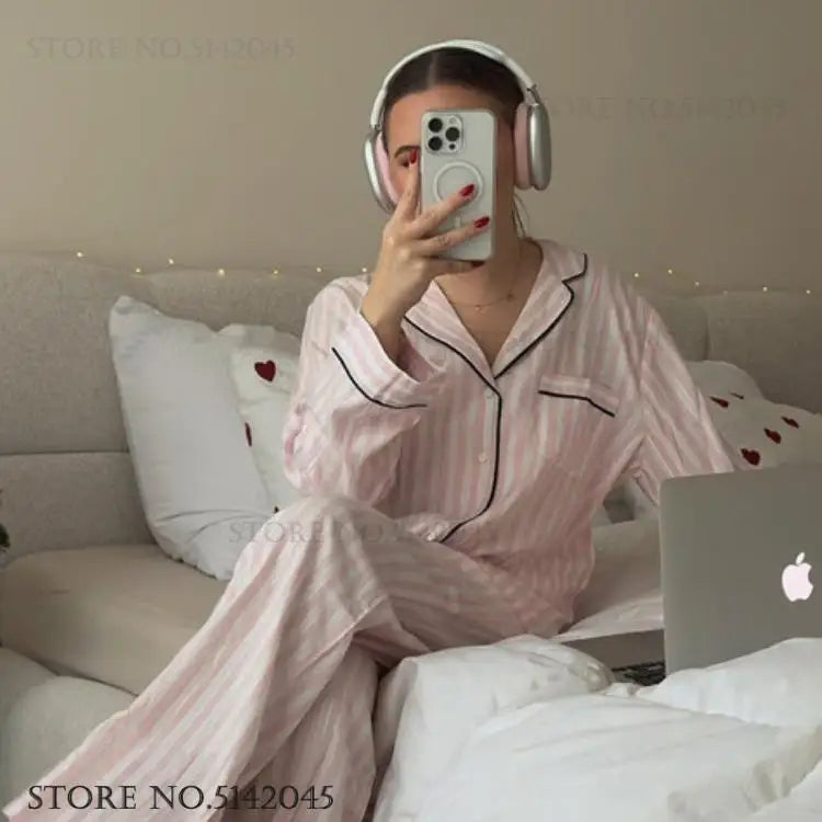 Pink Stripe Long Sleeve Pajamas Trouser Suits Fashion Female Lounge Wear Pijamas Set Spring Autumn Satin Sleepwer Home Clothes